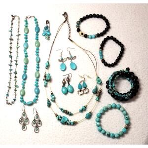 12 Pc Faux Turquoise Jewelry Lot Necklace Bracelets Earrings Brooch Western Boho